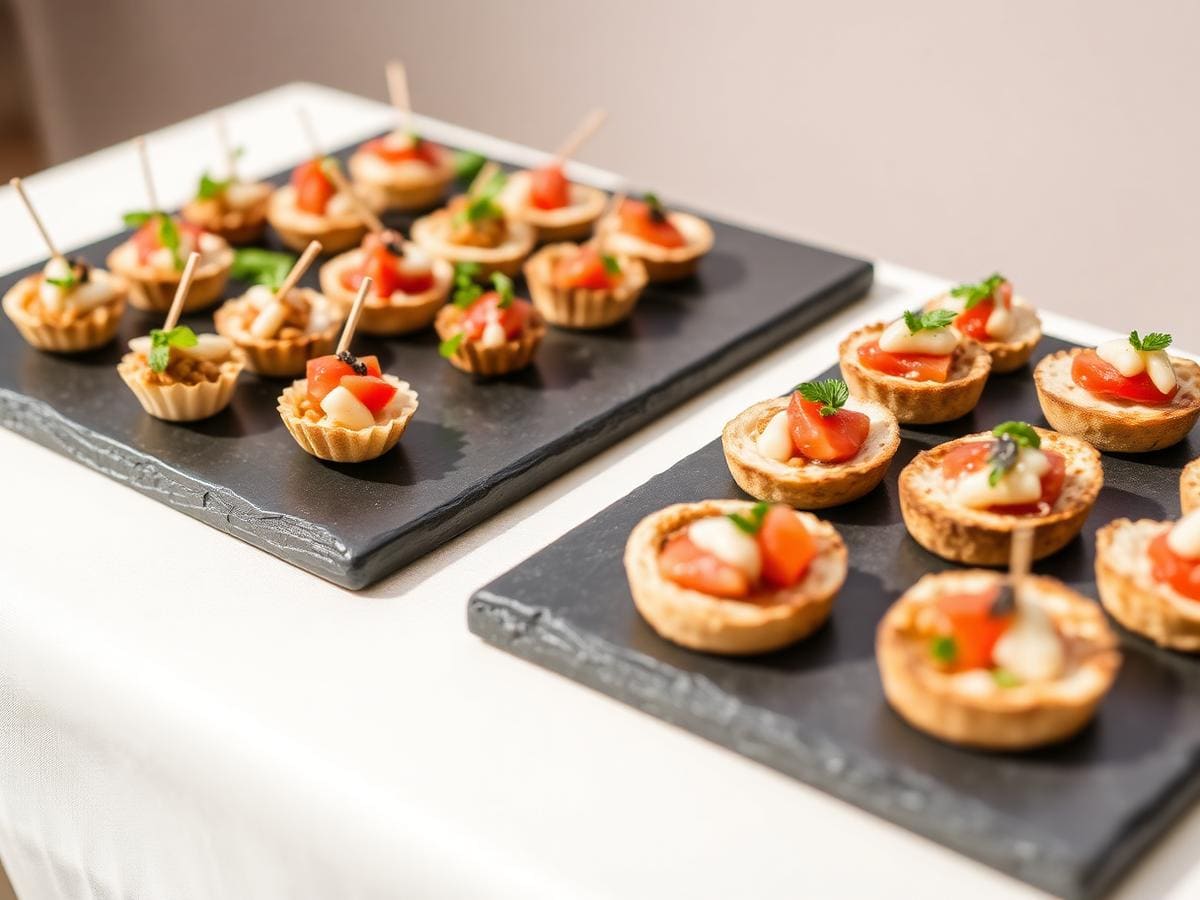 Przekąski finger food – mini tartaletki i koreczki ułożone na kamiennych deskach